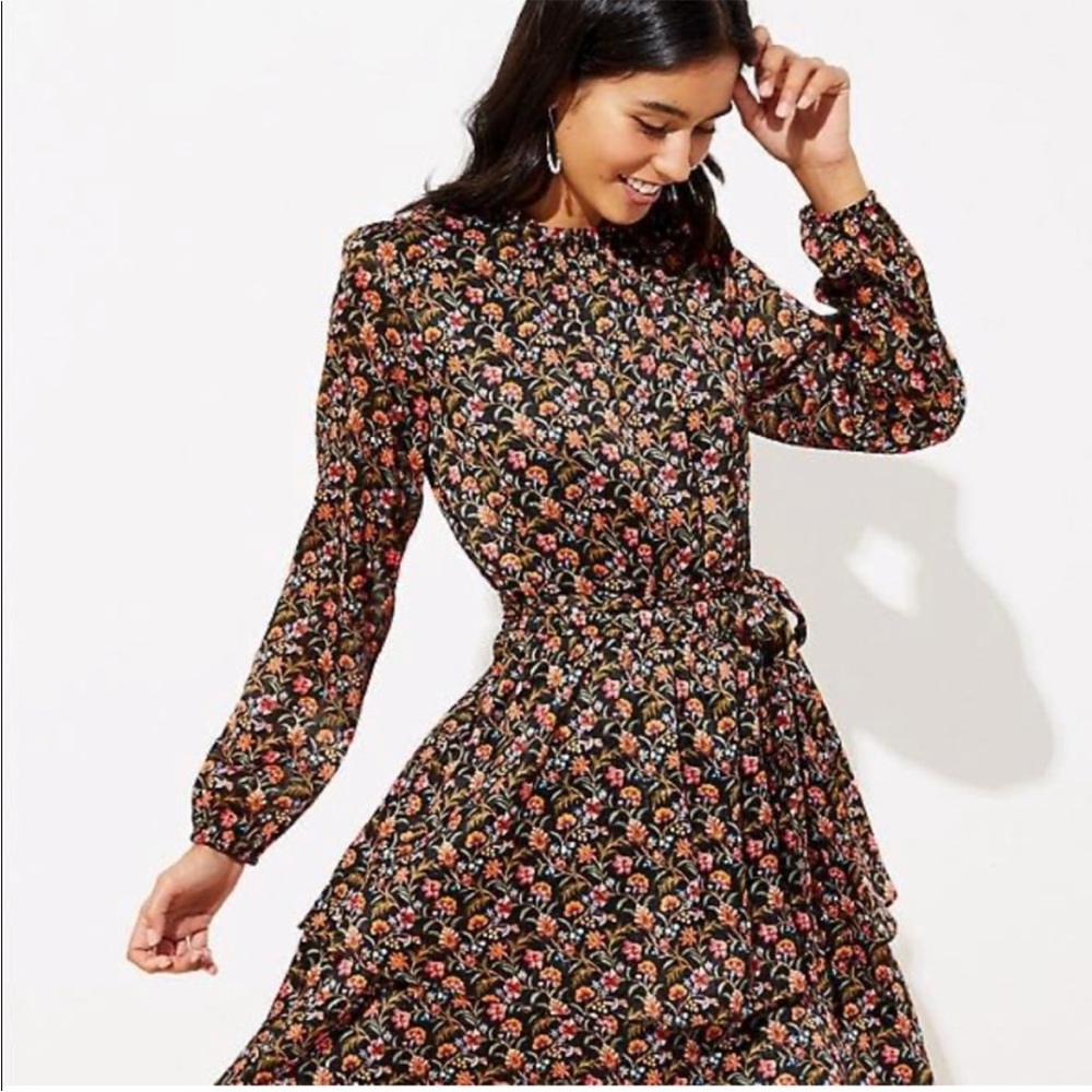 LOFT Shimmer Floral Ruffle Flare Sleeve Dress